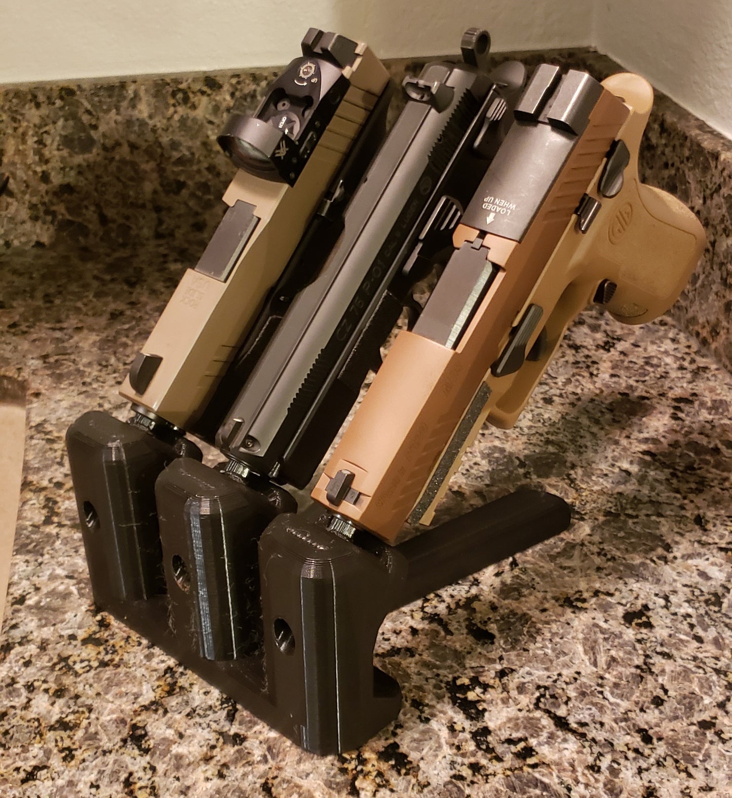 Triple Pistol and Silencer Stand / 3 Gun Mount | Handgun Holder Storage Rack