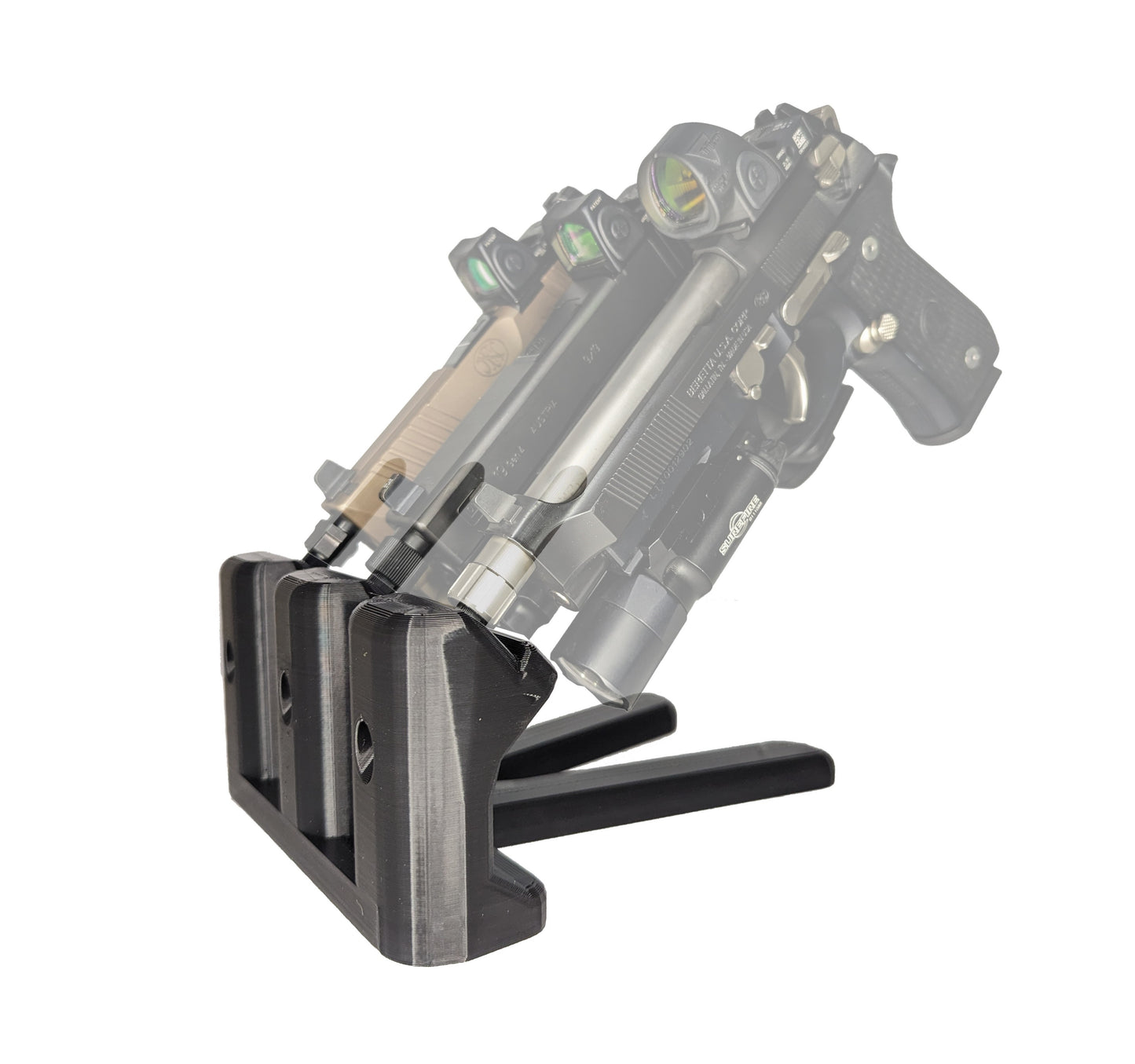 Triple Pistol and Silencer Stand / 3 Gun Mount | Handgun Holder Storage Rack